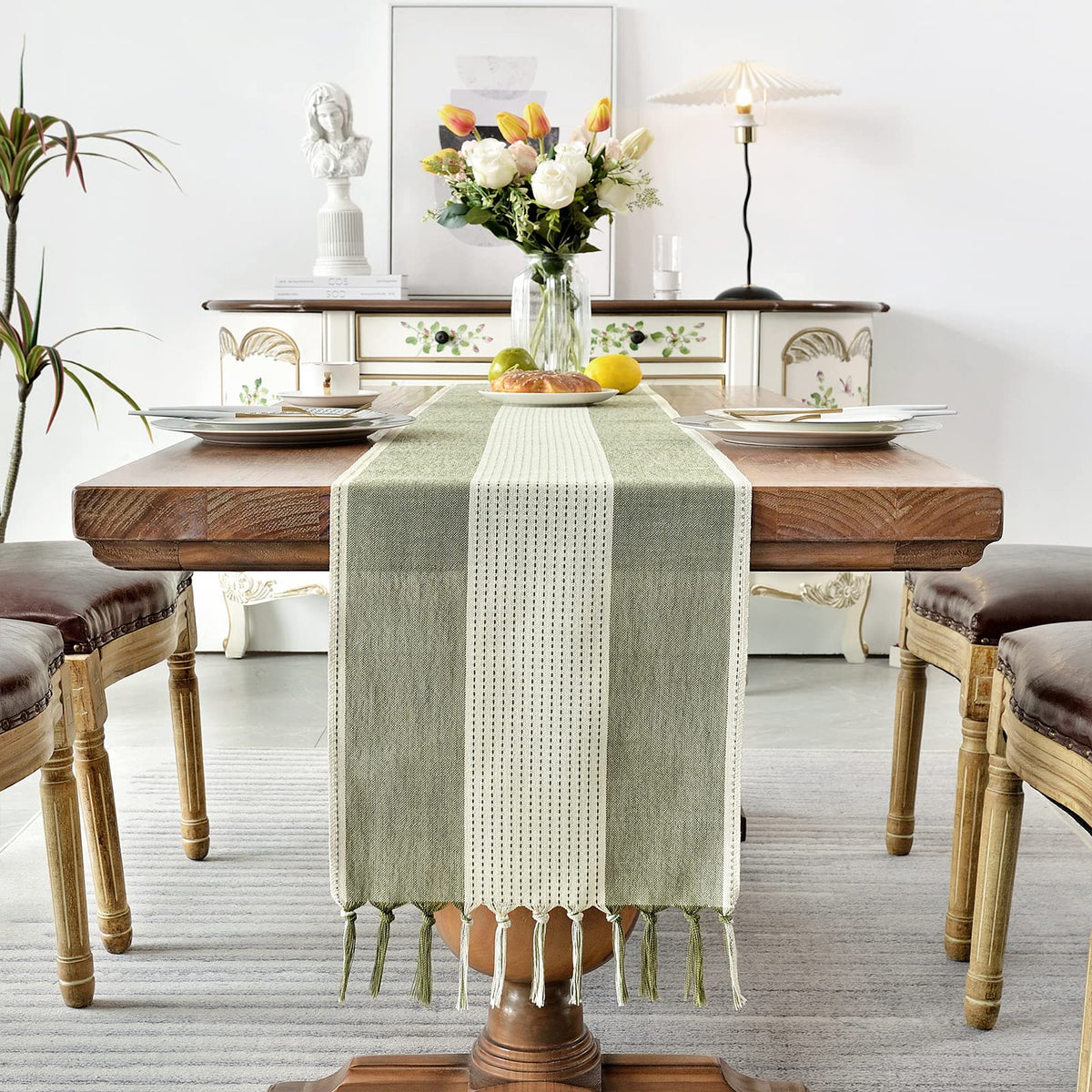 Wracra runner styled on a dresser for vintage farmhouse decor