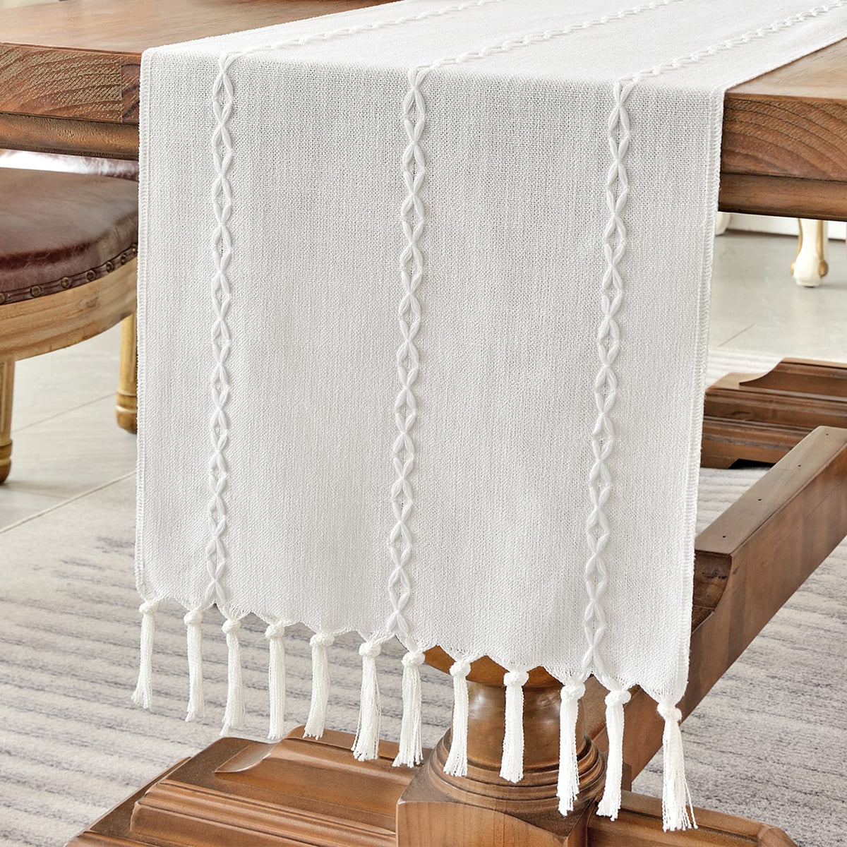 Wracra rustic linen table runner embroidery texture for warm dining decor.