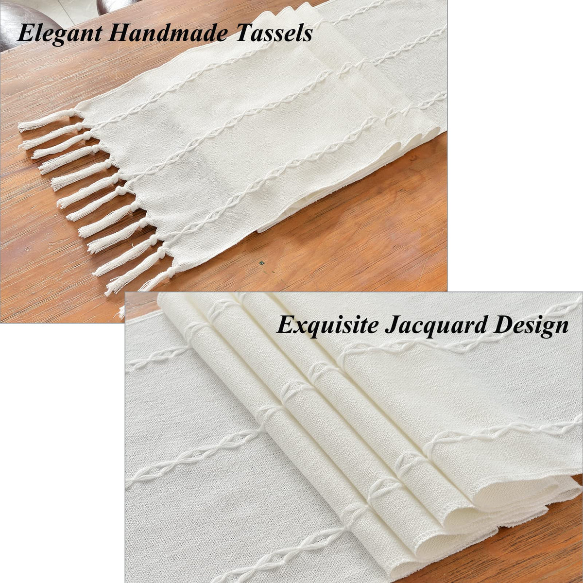 Wracra table runner close-up shows hand tassels and textured weave.