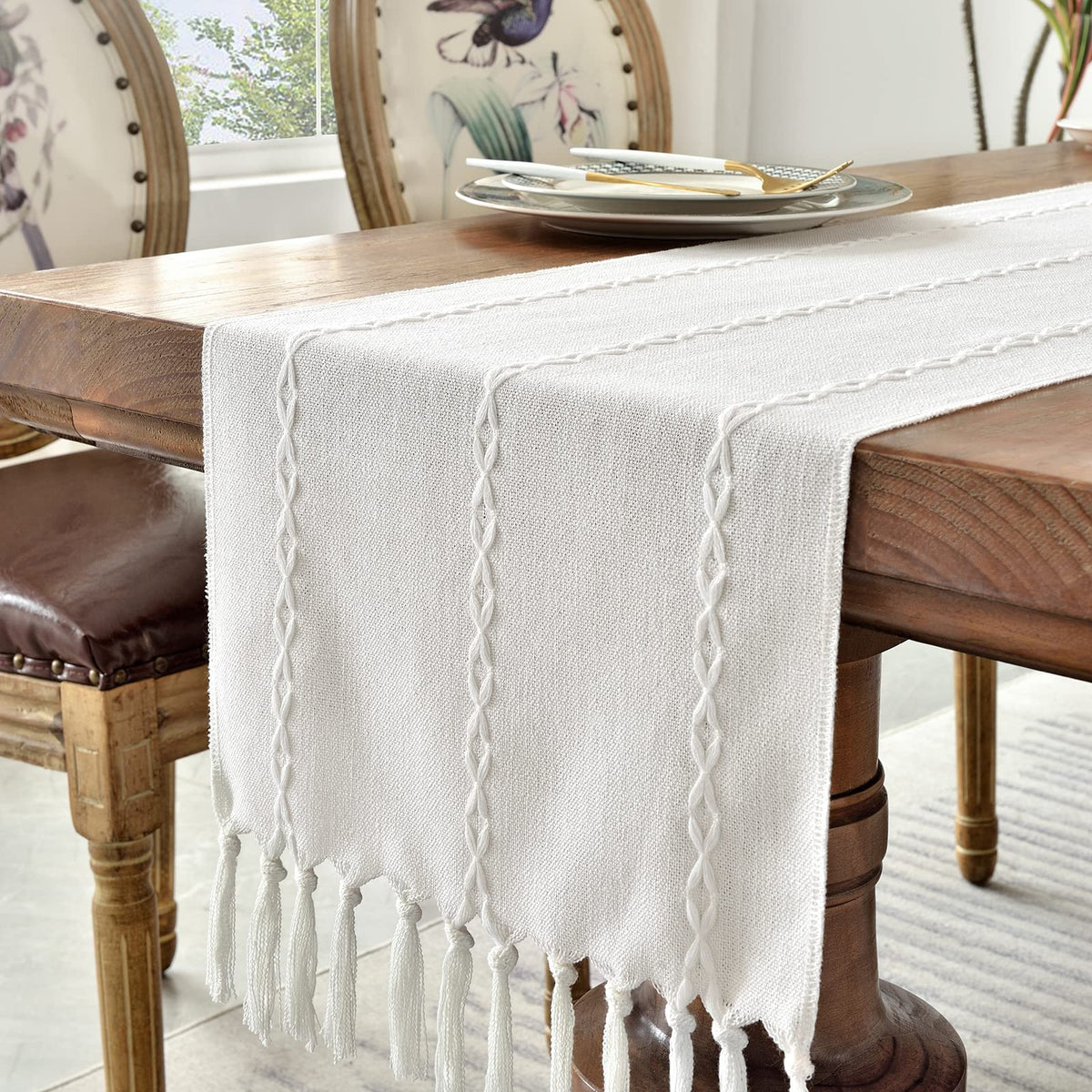 Wracra party table setting featuring elegant rustic runner.