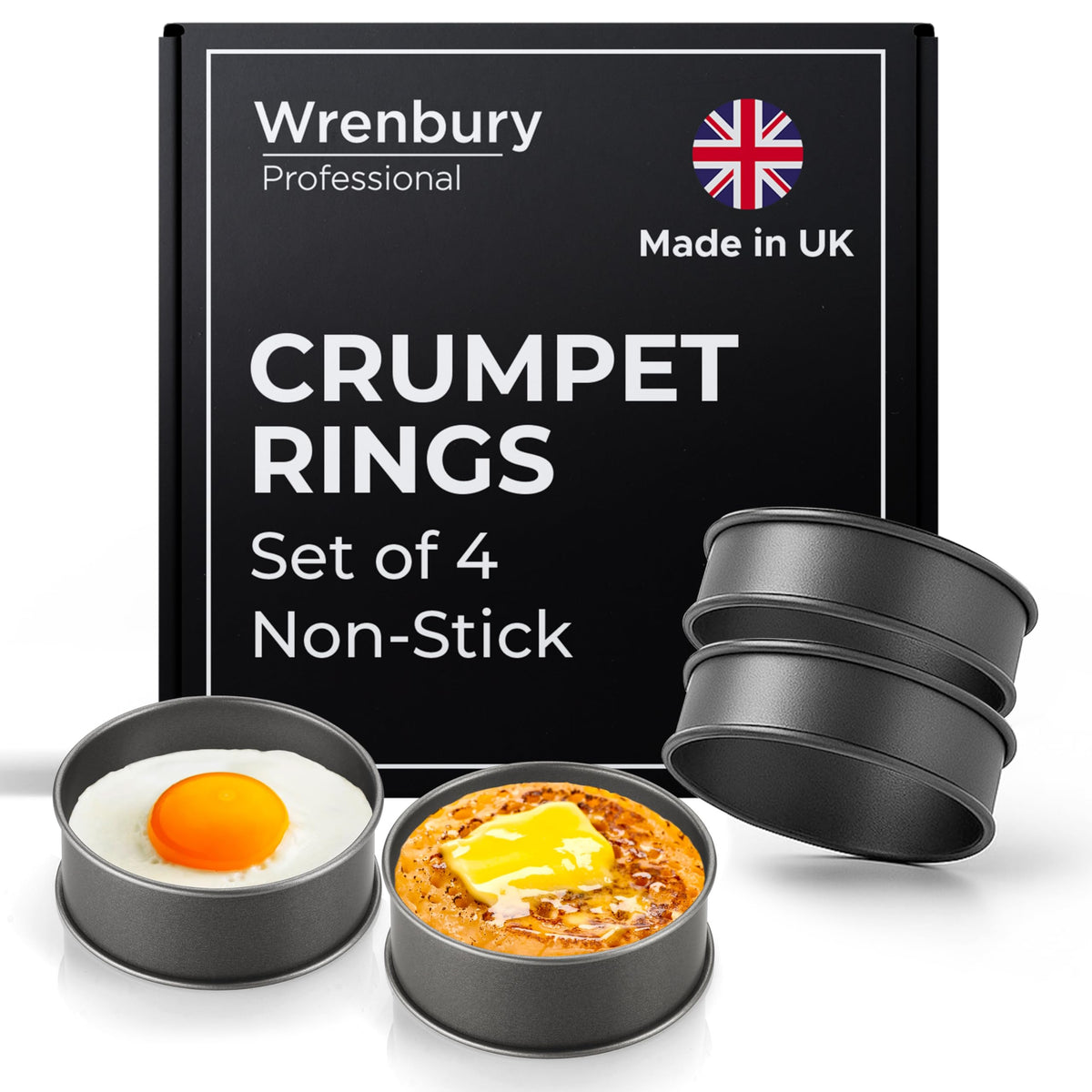 Wrenbury crumpet rings nonstick in a skillet for uniform circles with easy release.