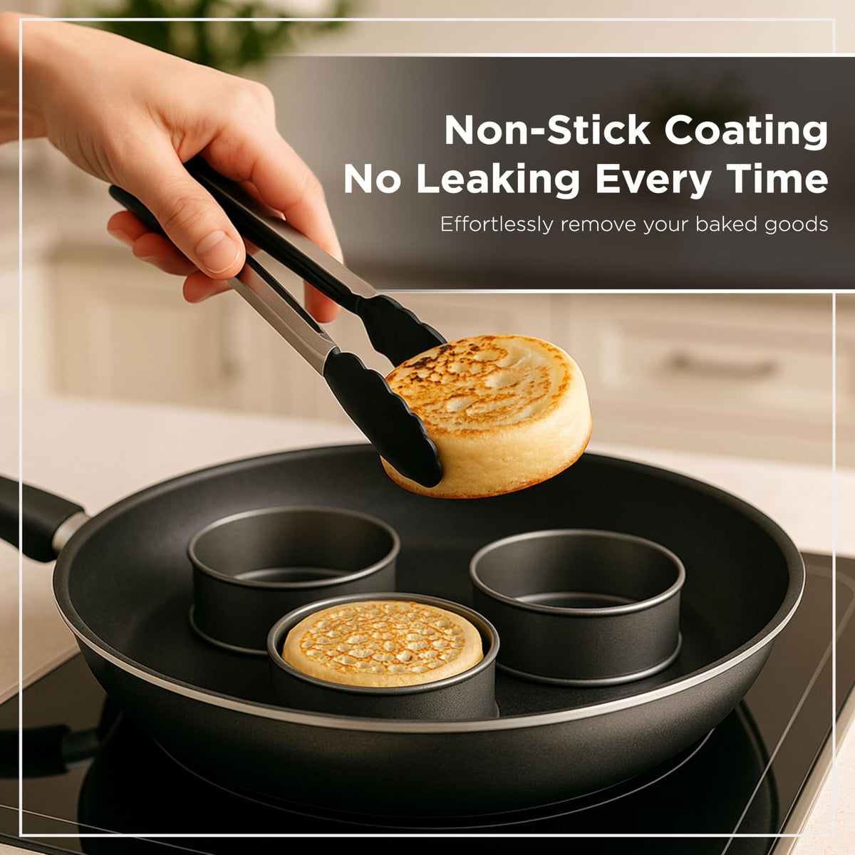 Wrenbury nonstick pancake rings deliver consistent depth and browning.