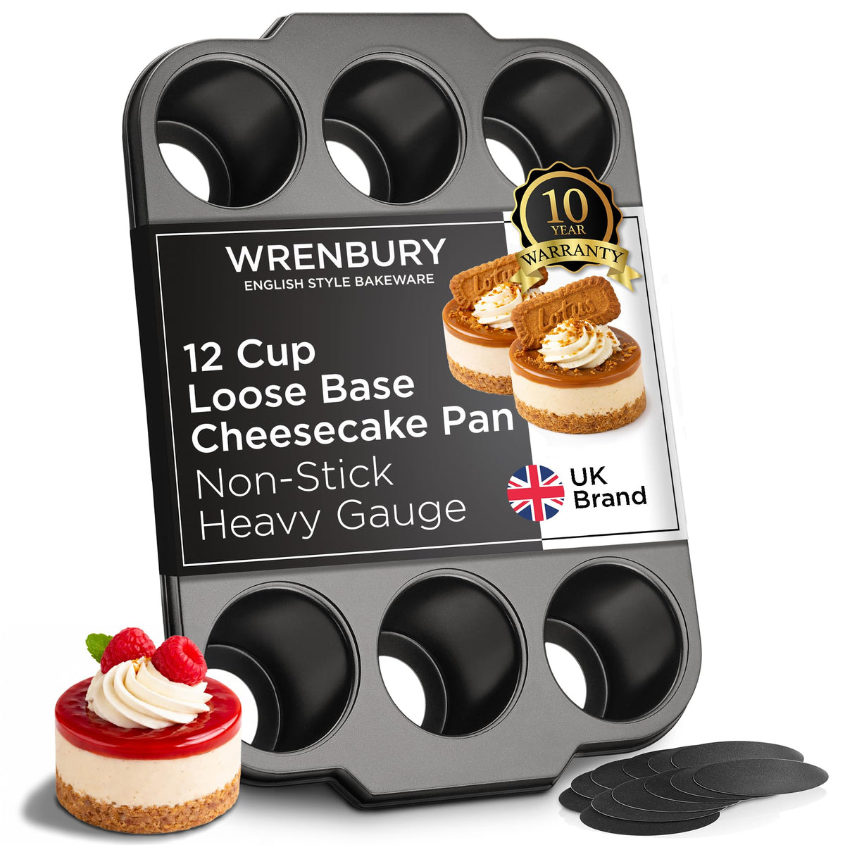 Wrenbury Pro Mini Cheesecake Pan with 12 cups, easy release for individual cheesecakes.