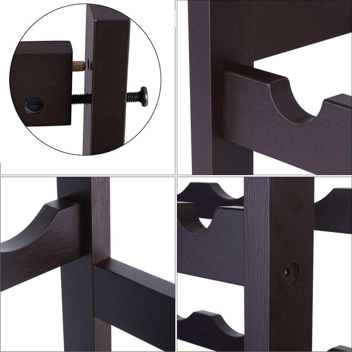 WRONWA dark brown freestanding wine rack in kitchen or living area.
