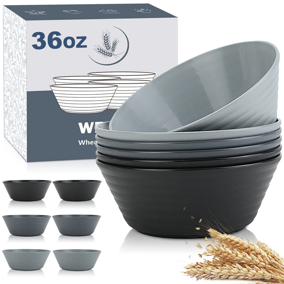 Wrova Wheat Straw Bowls front view in black and grey for everyday dining