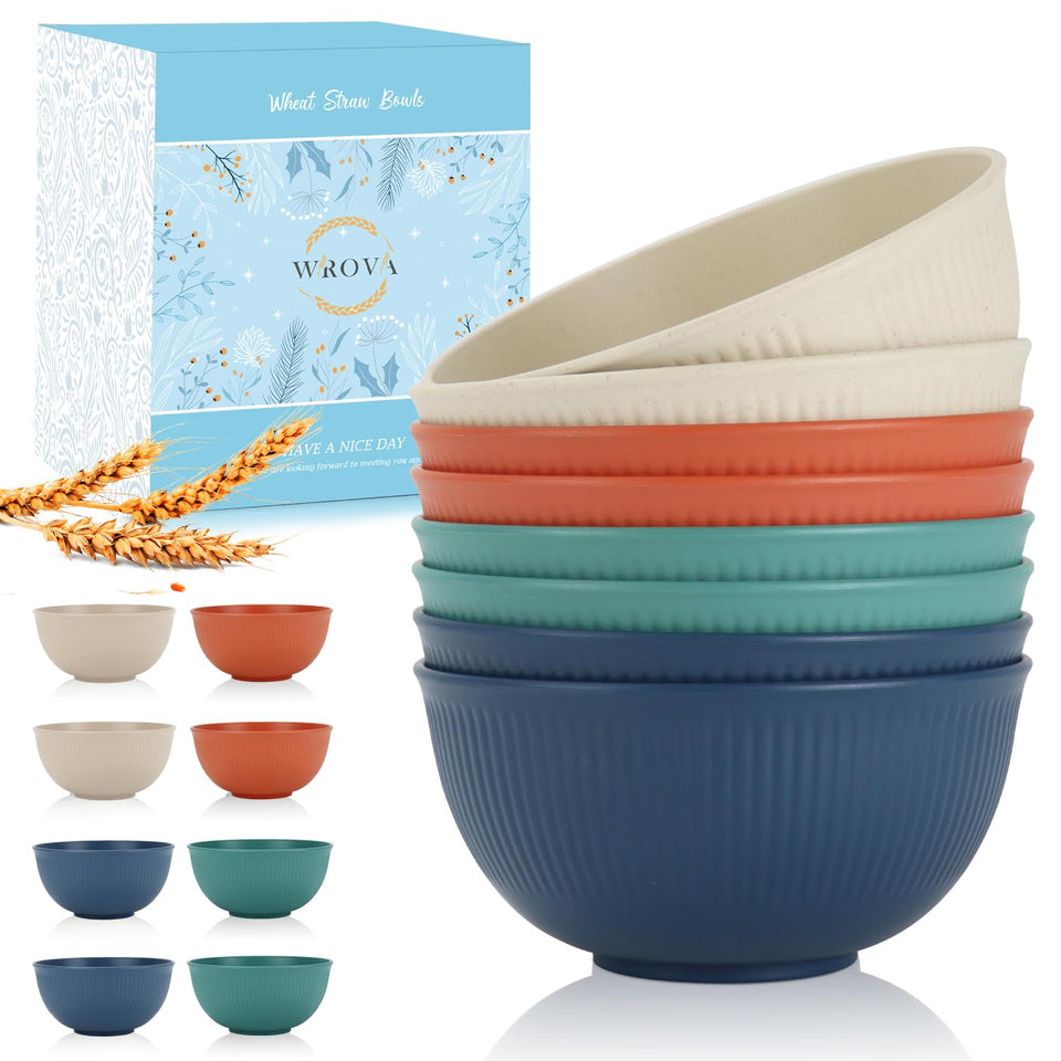 Wrova wheat straw bowl set with 8 pieces, 26 oz each, for everyday meals.