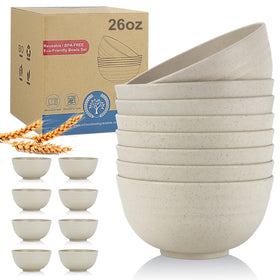 Wrova beige wheat straw bowl set with eight pieces for family meals.