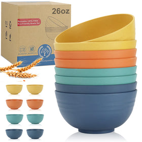 Wrova 8pc wheat straw bowl set, colorful bowls for everyday meals