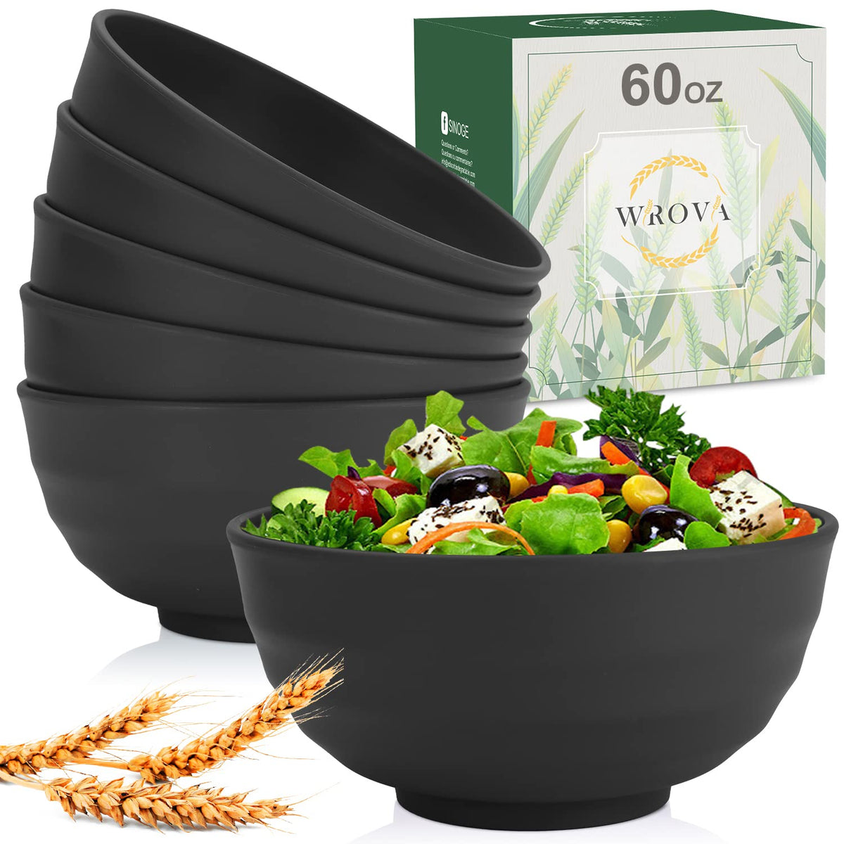 Wrova wheat straw bowls set shows 60oz capacity for generous portions.