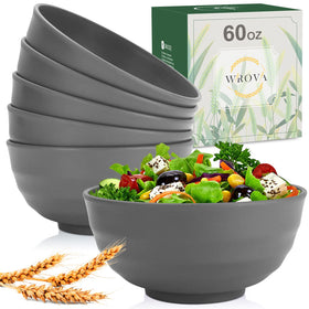 Wrova Wheat Straw Bowls, 60oz set of six in deep gray, ideal for cereals and salads.