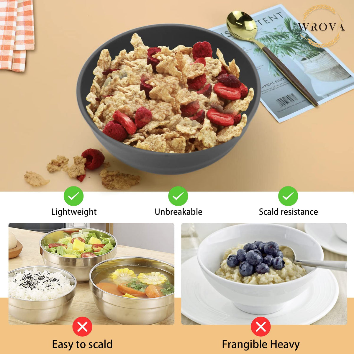 Unbreakable Wrova bowls with deep gray finish support everyday use.