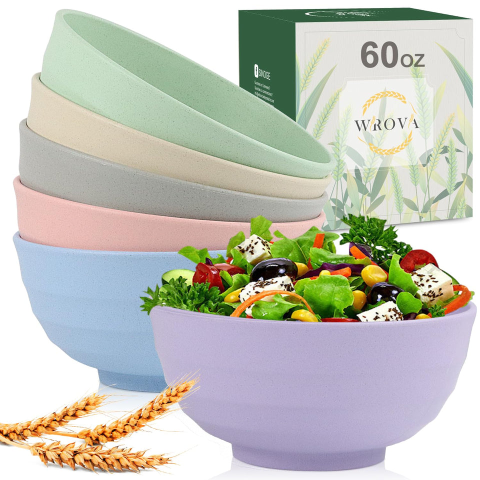 Wrova Wheat Straw Bowls 60oz set6 front view, durable large-capacity bowls for cereal and salad.