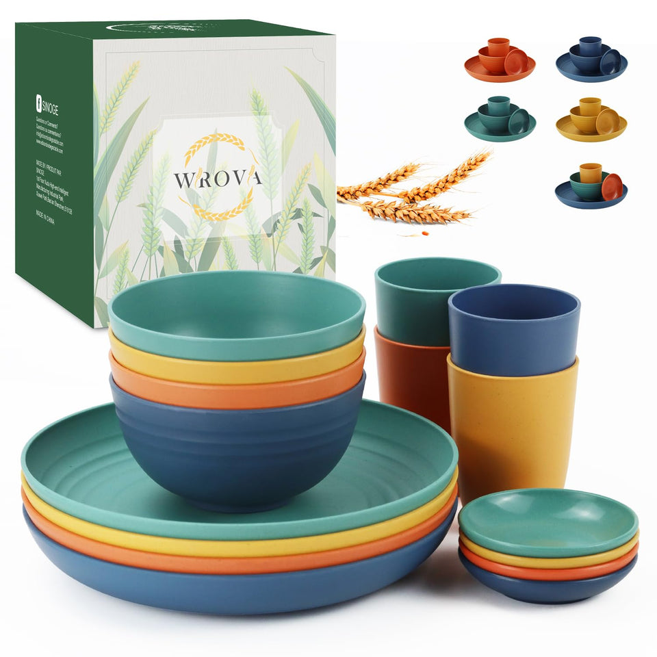Wrova wheat straw plates, 16pc set, durable for kids meals and family dinners