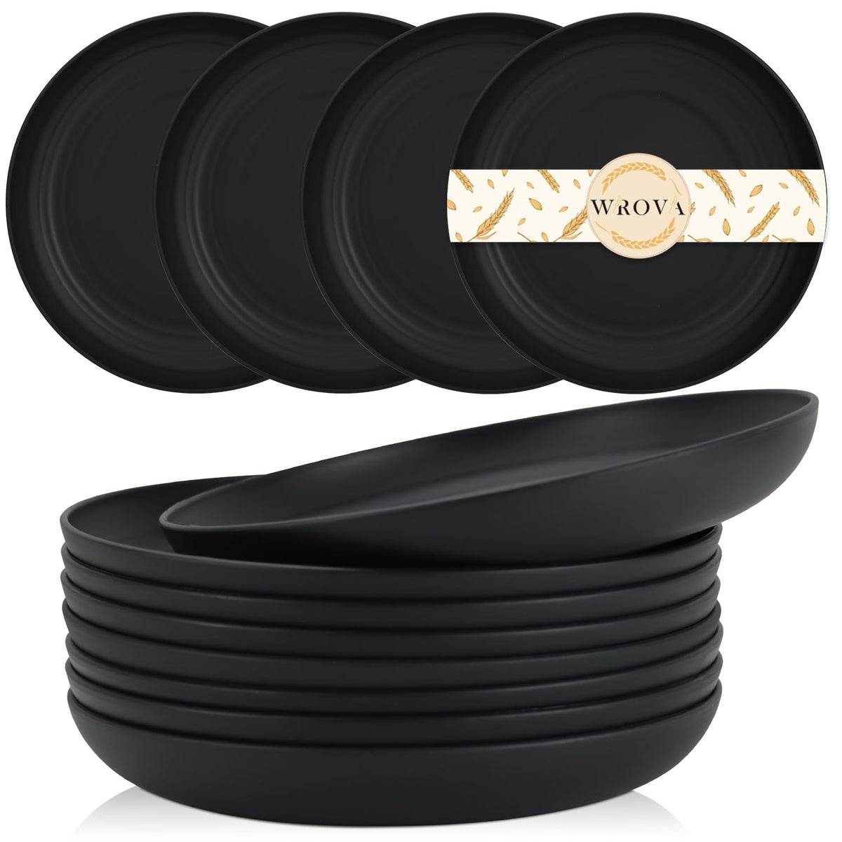 Wrova Wheat Straw Plates set of 8 in pure black, unbreakable for family meals.