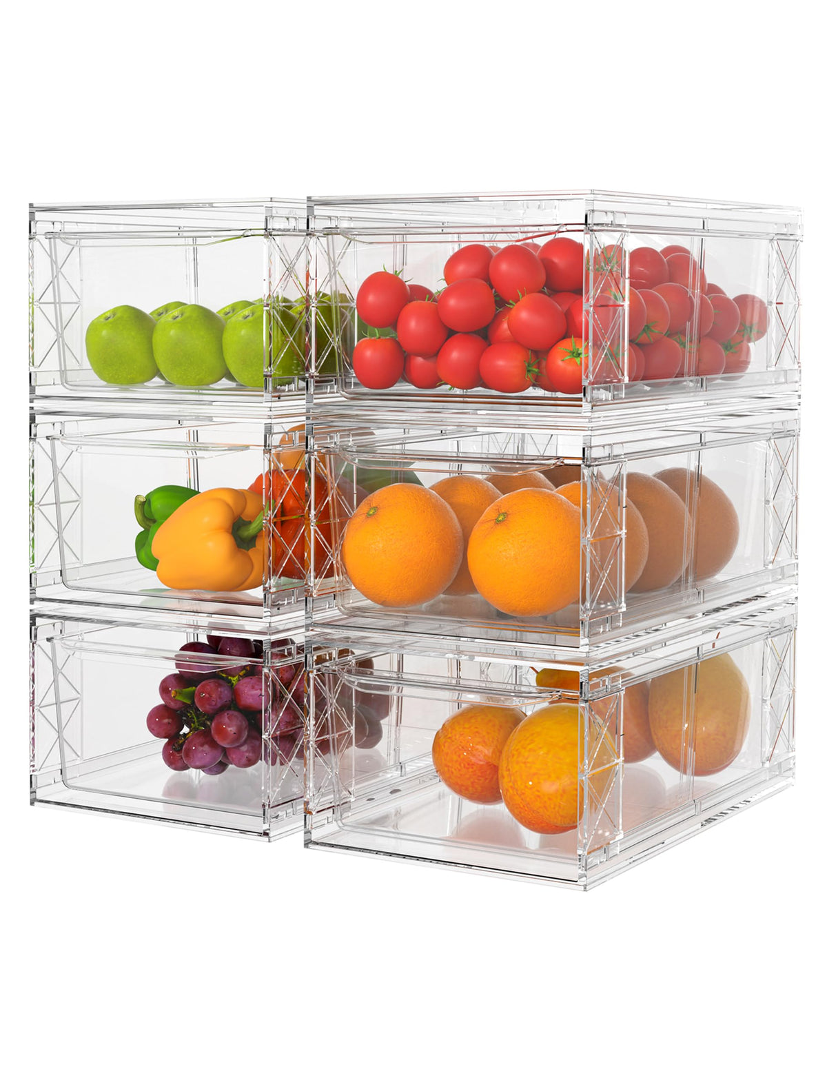 WRRLORS 6-pack stackable drawer organizers offer flexible fridge and pantry storage.