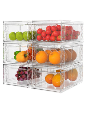 WRRLORS 6-pack stackable drawer organizers offer flexible fridge and pantry storage.