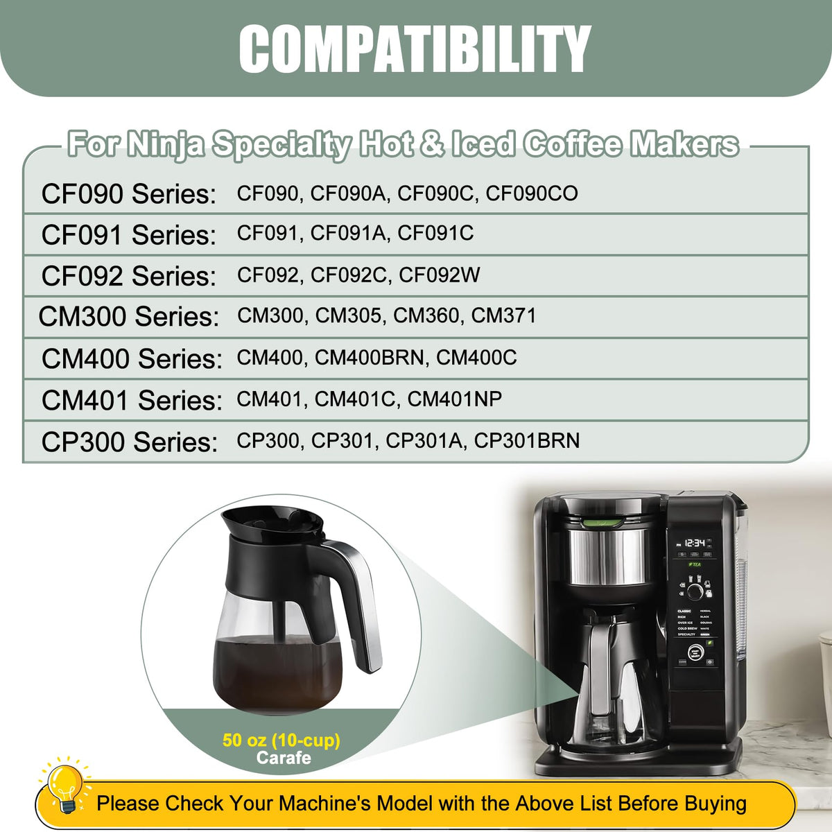 WSEYU Ninja-compatible 50 oz carafe ideal for large batches.