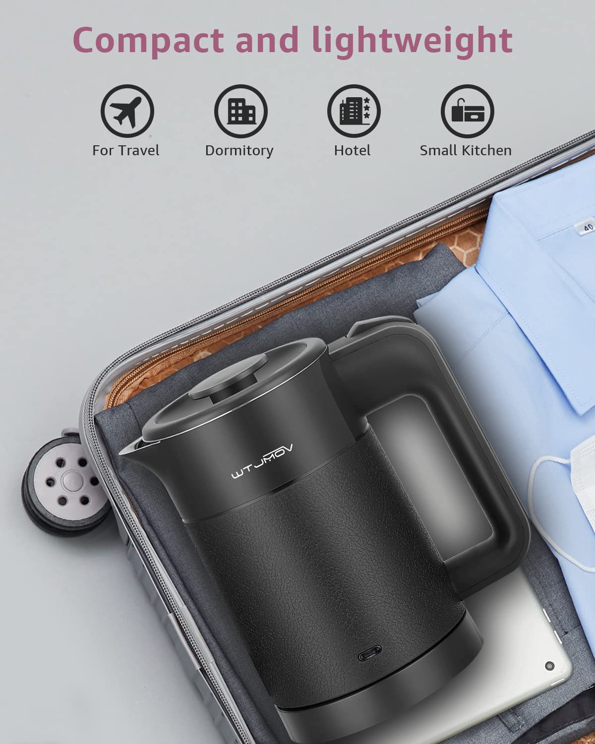 WTJMOV black compact kettle suits offices, dorms, and hotel stays.
