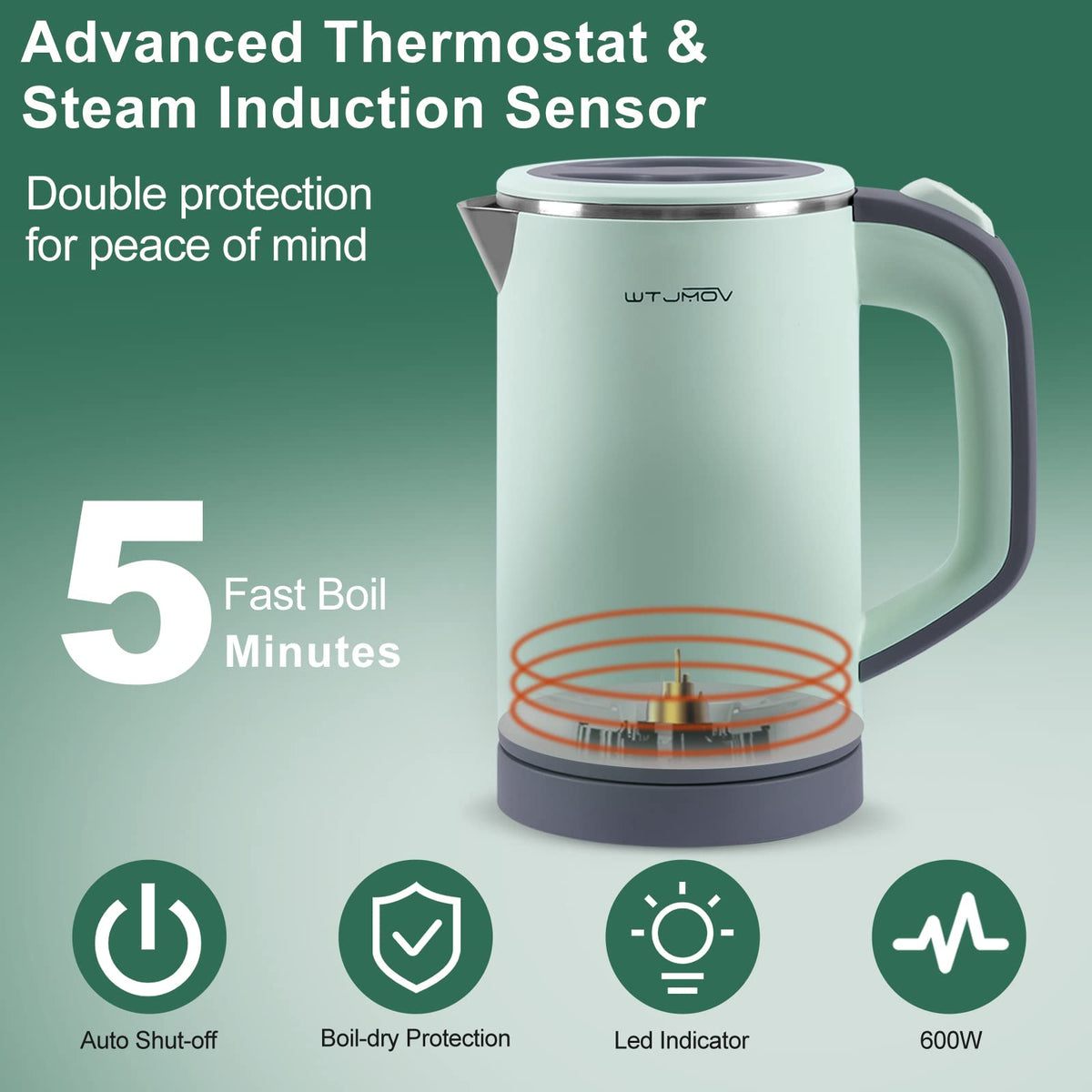 WTJMOV cordless kettle sits on a 360° swivel base for easy pouring.