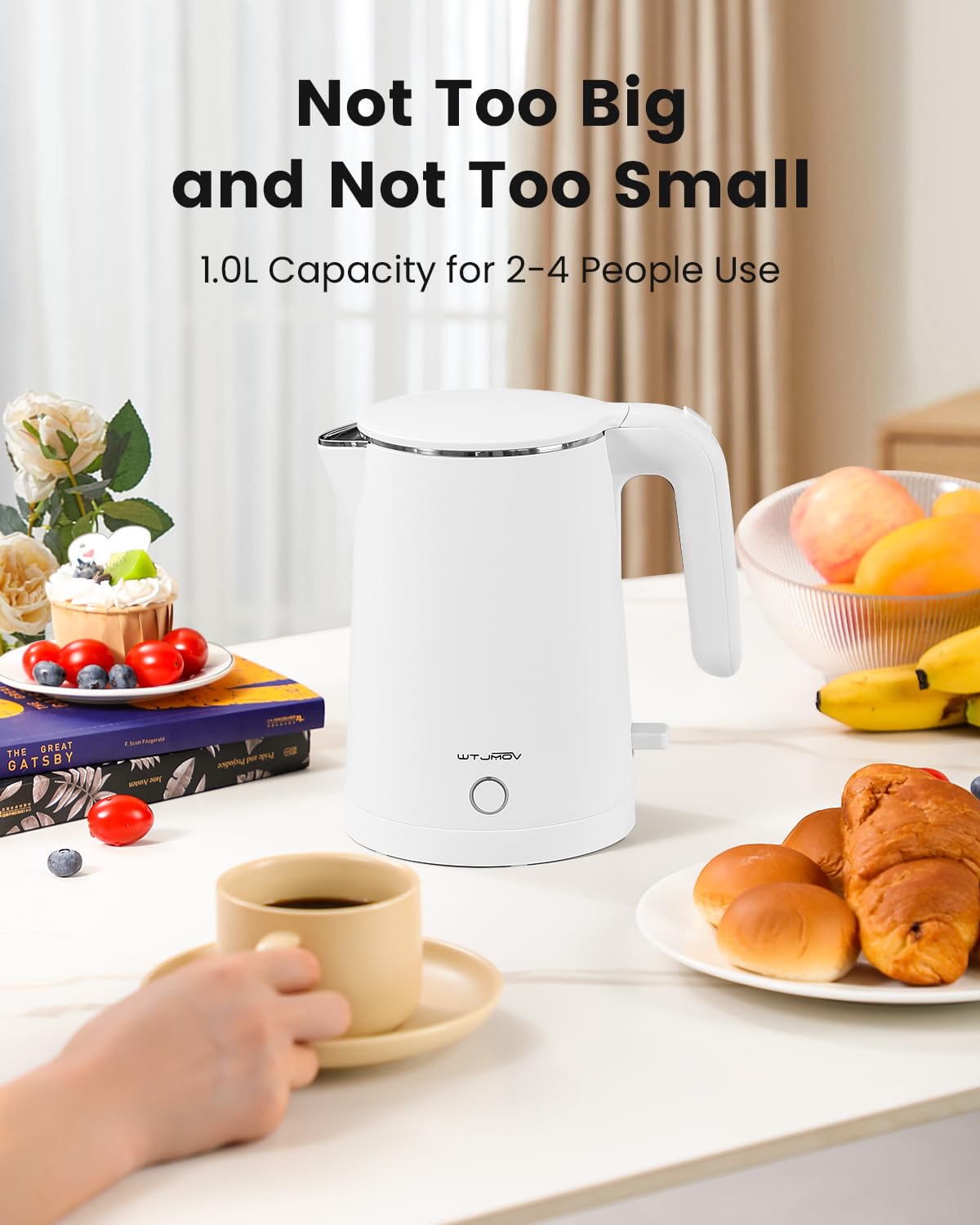 WTJMOV cordless kettle on 360° base for easy pouring