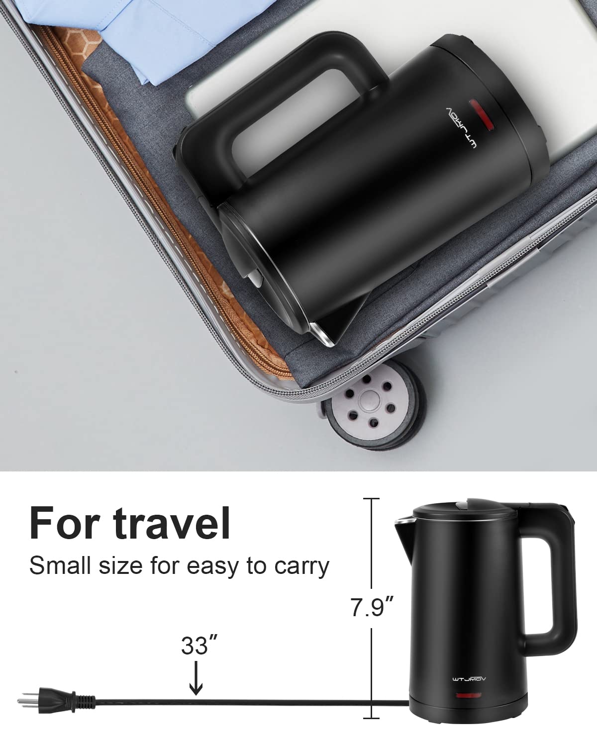 WTJMOV portable cordless kettle ideal for travel and desk use.