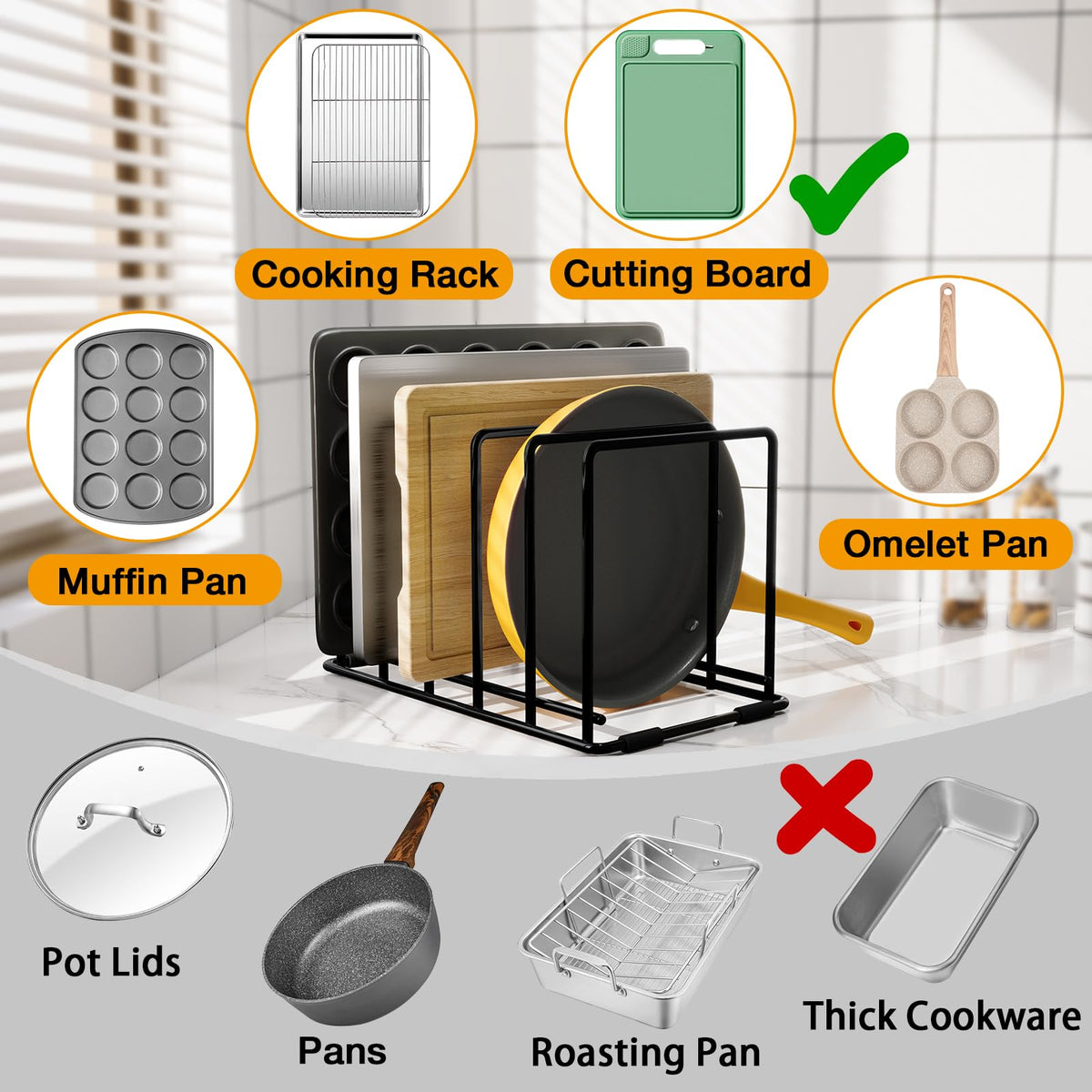 1.3-inch-wide slots securely hold thin pans, trays, and boards.