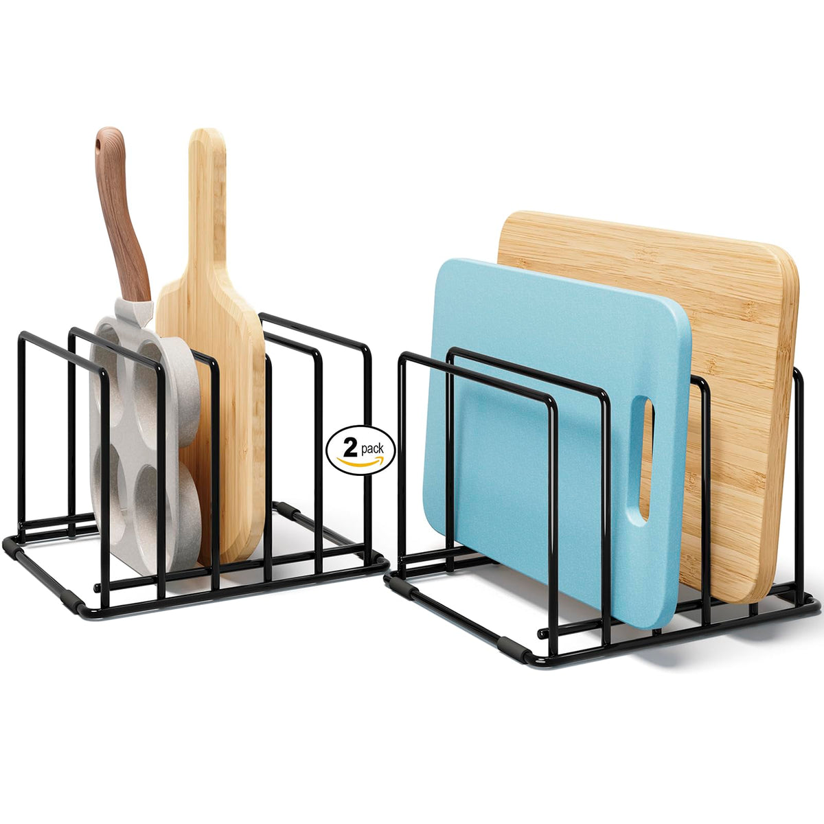 WUGEUSCH space-saving kitchen organizer rack with five slots for pans and boards.