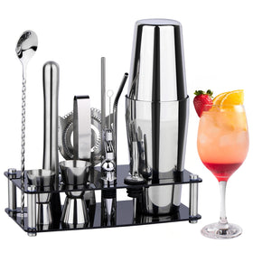 Wukuna cocktail shaker set with acrylic stand in a stylish home bar for organized bartending