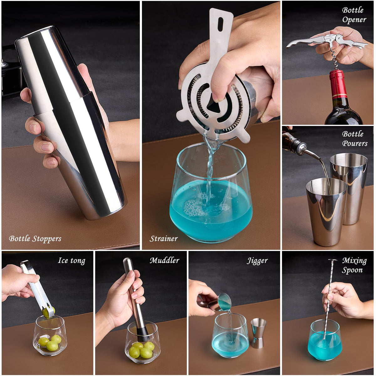 Wukuna stainless steel bar tools arranged neatly for professional use