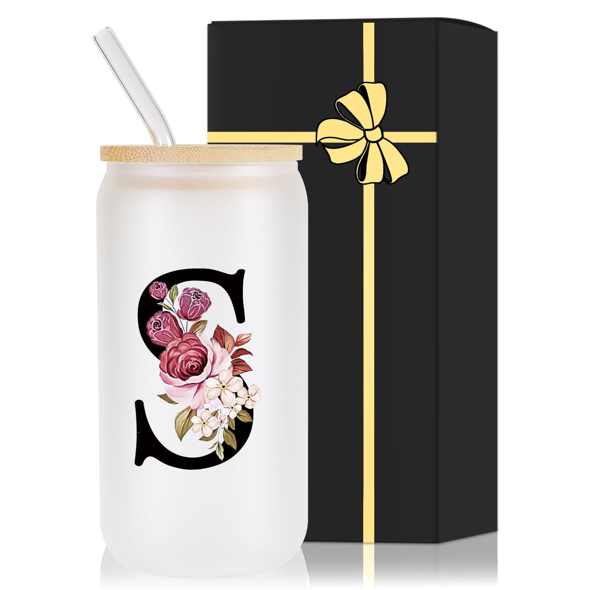 Wulcea monogram glass cup with lid and straw for a personalized condolences keepsake.