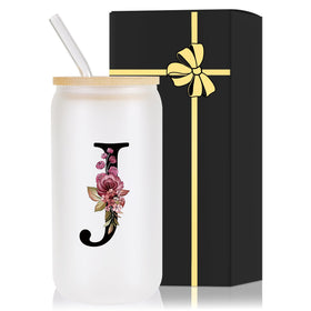 Wulcea monogrammed 16oz glass cup with lid and straw for personalized sipping