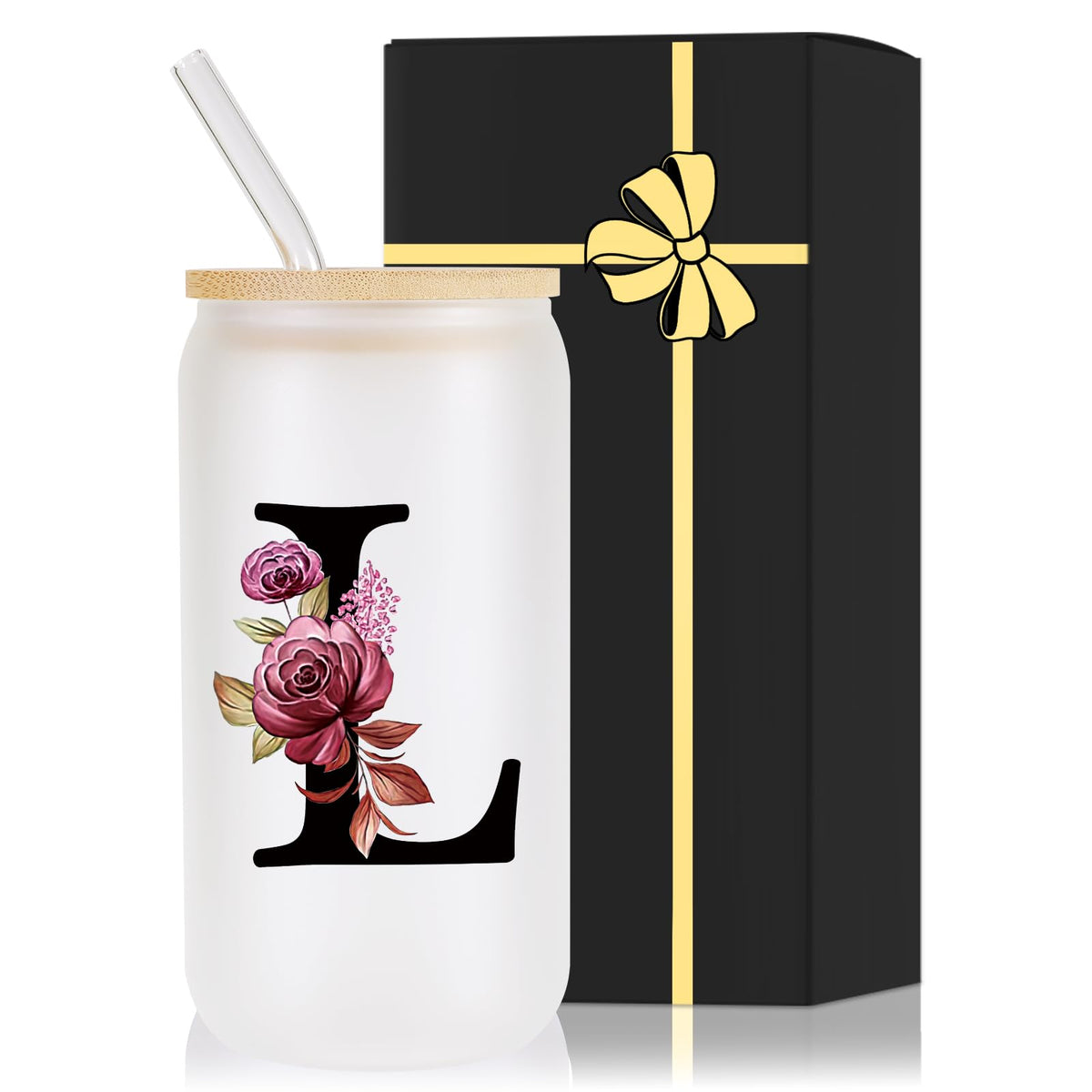 Wulcea monogrammed glass cup with bamboo lid and straw for stylish personalized gifts.