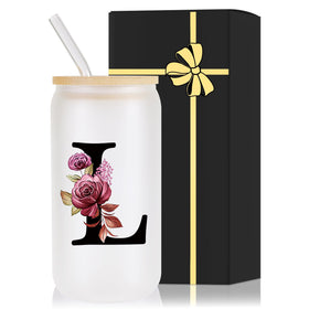 Wulcea monogrammed glass cup with bamboo lid and straw for stylish personalized gifts.