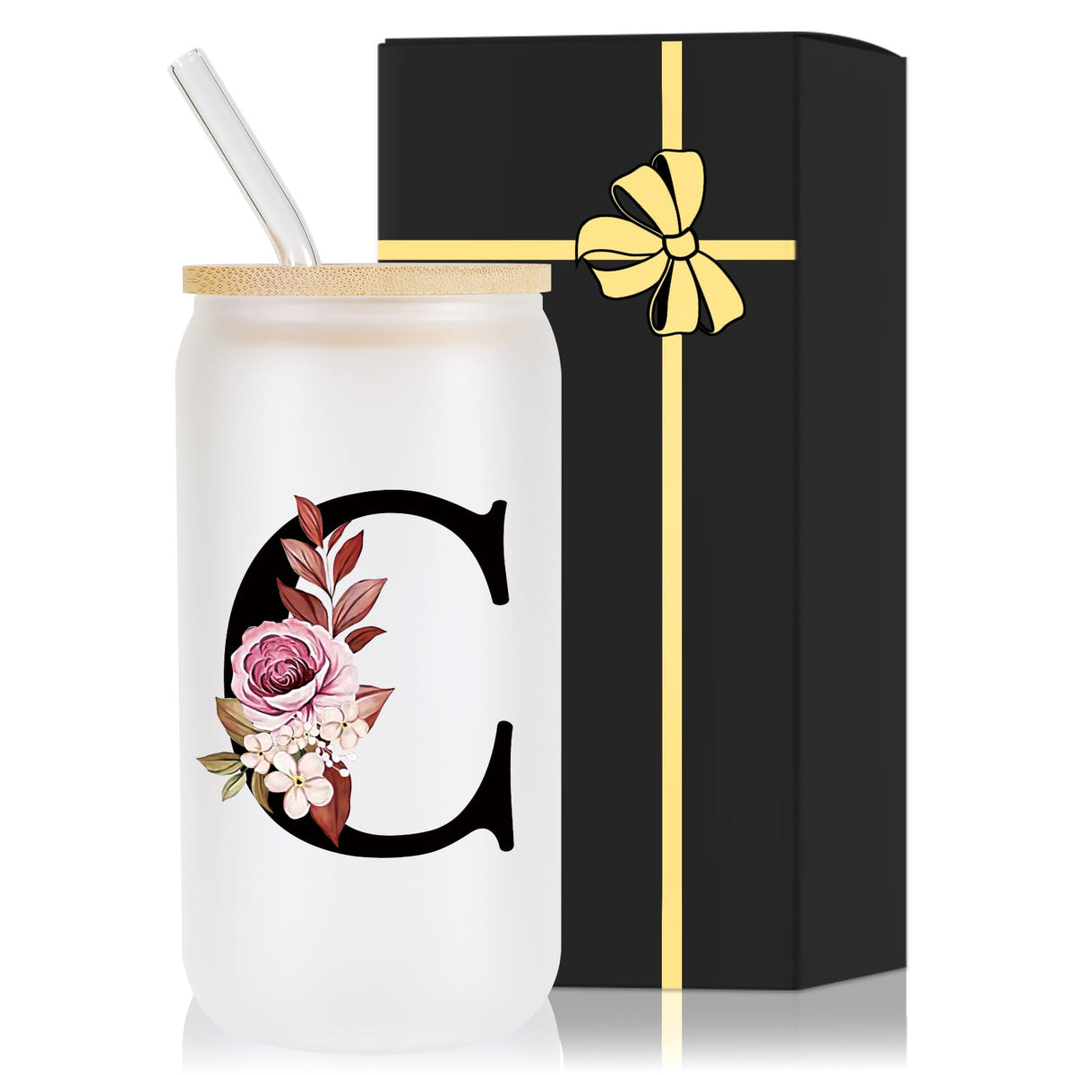 Wulcea monogrammed glass cup with bamboo lid for personalized gifting.