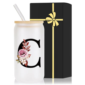 Wulcea monogrammed glass cup with bamboo lid for personalized gifting.