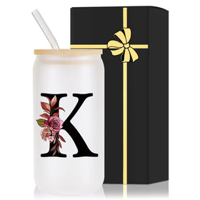 Wulcea monogrammed glass cup with lid and straw for personalized daily hydration.
