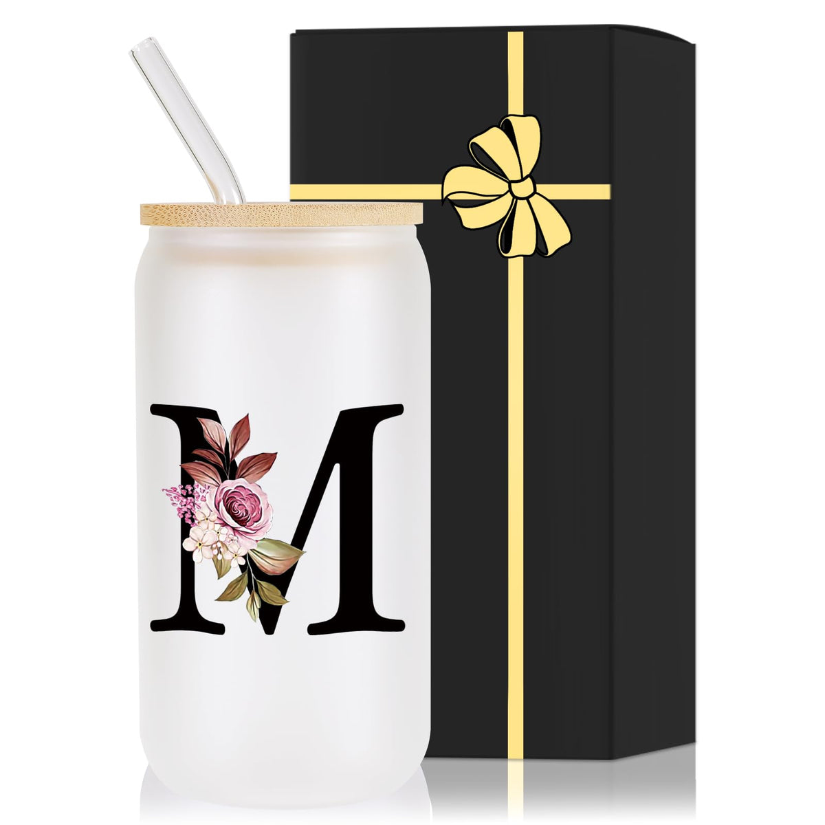 Wulcea monogrammed glass cup with bamboo lid and straw for elegant personalization.