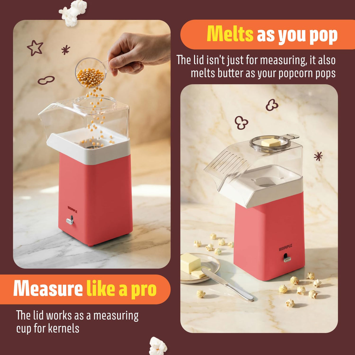 Wumple butter melting lid demonstrates convenient topping while corn pops
