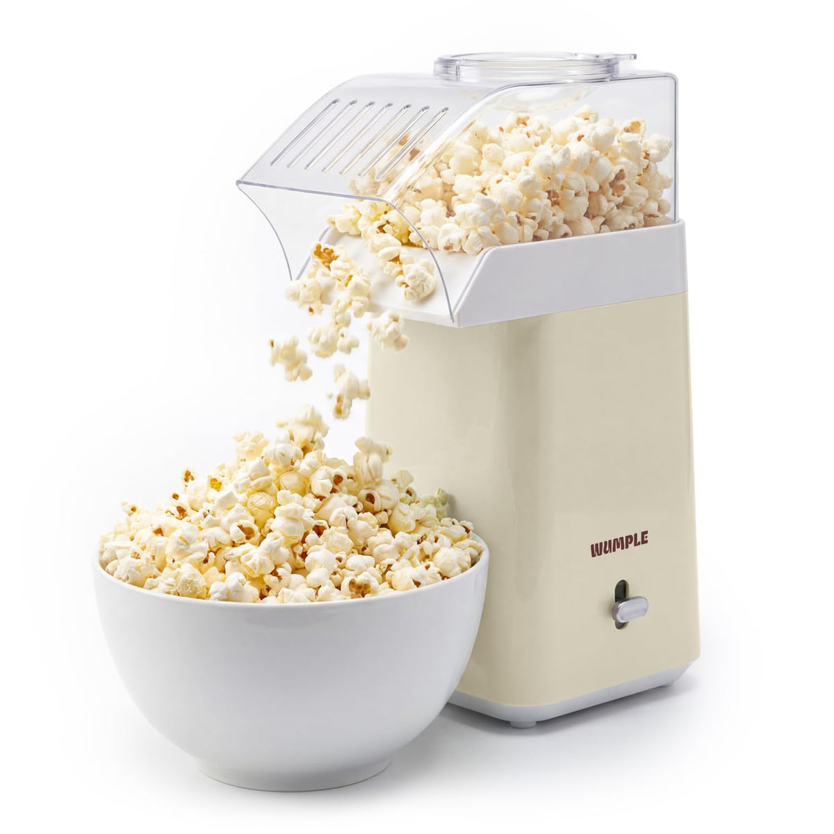 Wumple hot air popcorn machine front view in cream color for quick family movie nights.