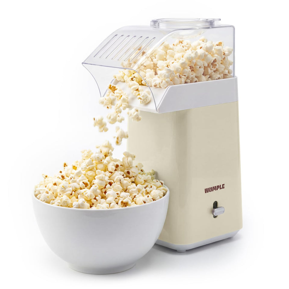 Wumple hot air popcorn machine front view in cream color for quick family movie nights.