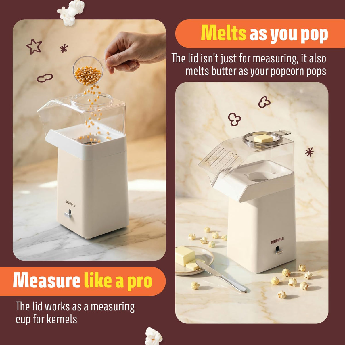 Wumple compact cream popcorn maker fits countertops or dorm rooms.
