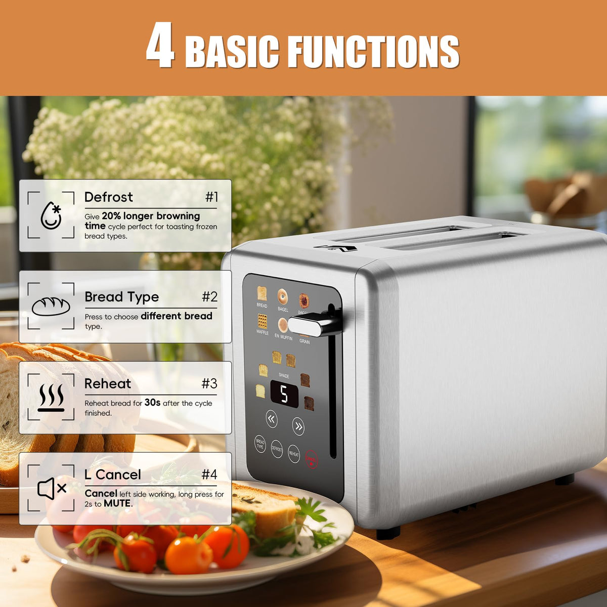 WUNLY wide-slot design accommodates bagels and thick slices evenly