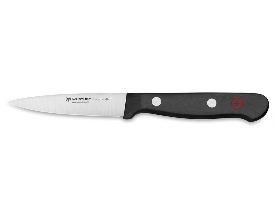 Wüsthof Gourmet 3-inch spear point paring knife with black handle for precise peeling.