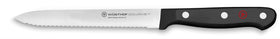 Wüsthof Gourmet 5-inch serrated knife close-up shows a sharp blade.