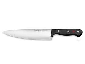 Wüsthof Gourmet 8-inch chef's knife with black handle offers precise slicing and control.