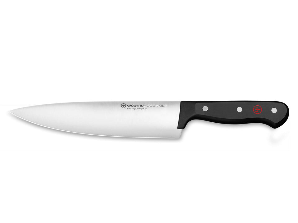 Wüsthof Gourmet 8-inch chef's knife with black handle offers precise slicing and control.