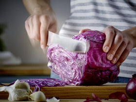Handle detail of the Wüsthof Gourmet knife shows a durable polypropylene grip.