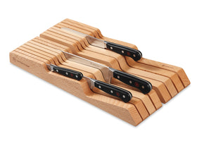 WÜSTHOF in-drawer knife storage wooden tray keeps blades organized and protected from nicks.