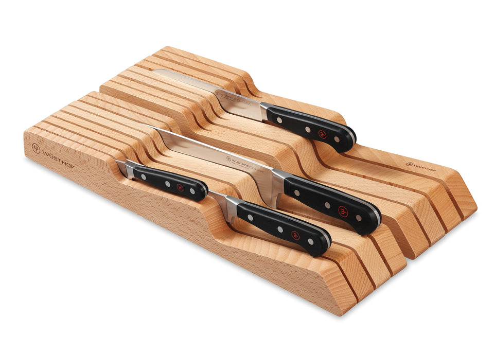 WÜSTHOF in-drawer knife storage wooden tray keeps blades organized and protected from nicks.
