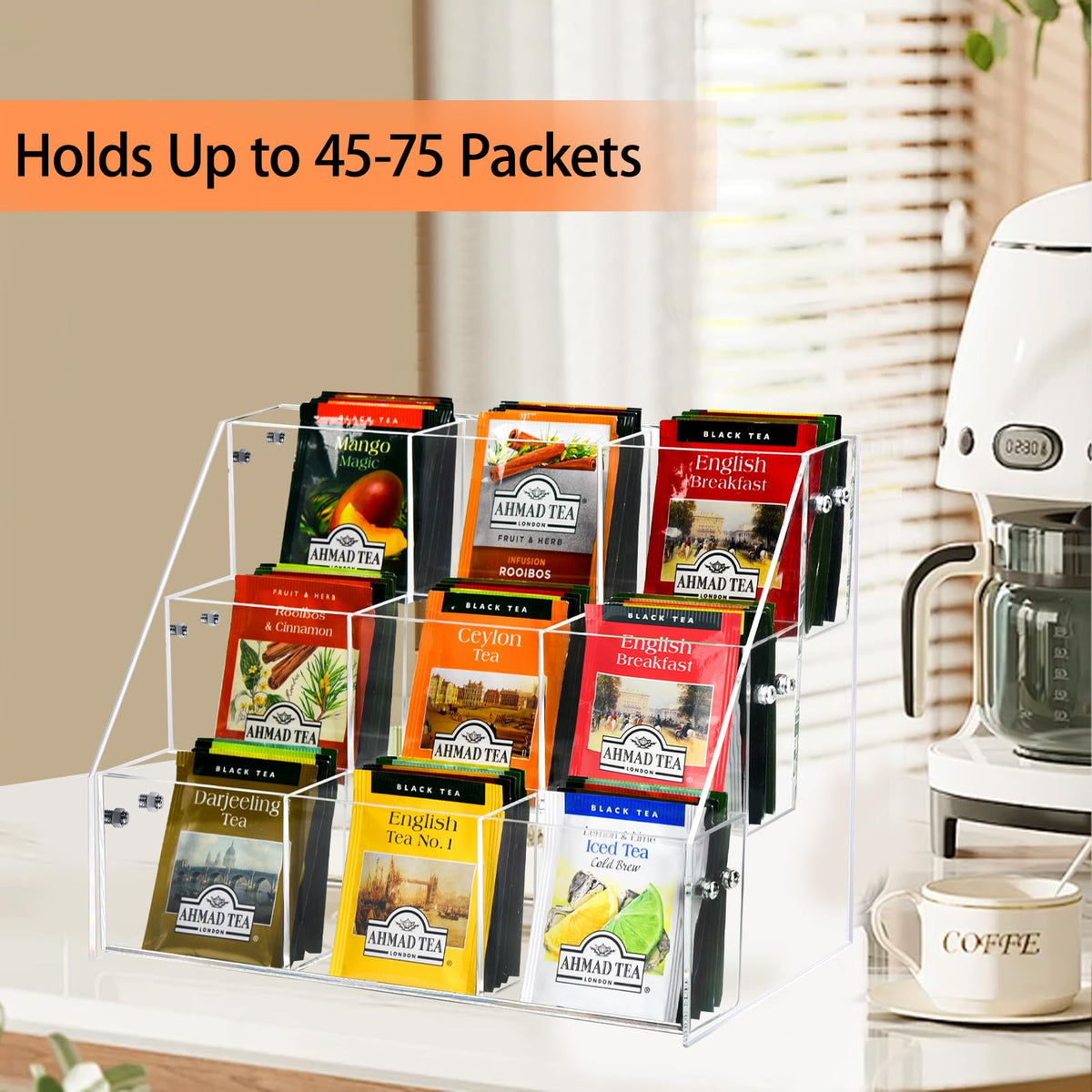 Wuudy office breakroom tea display adds decor while keeping packets tidy.